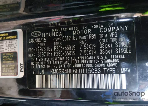 2015 Hyundai Santa Fe Limited from USA, damaged, VIN KM8SR4HF6FU115083